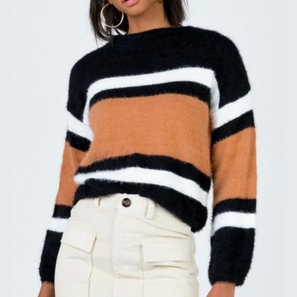 Princess Polly Sweaters - Princess Polly Kensey Striped Color Block Fuzzy Knit Crewneck Sweater